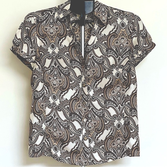 Ann Taylor Women Brown And Cream Paisley 100% Silk Button Down Blouse Size 8 - Picture 1 of 10